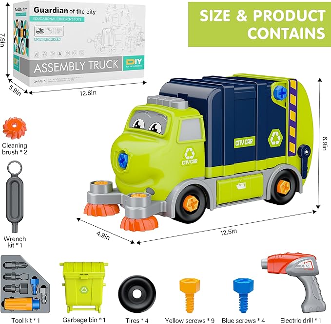 Trucks Take Apart Toys with Electric Drill, DIY Electric City Clean Truck Toy Set, STEM Assembled Educational Toys, Garbage Truck Toys, Birthday Gifts for 3 4 5 6 7 8 Years Old Boys Girls