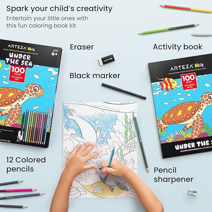 ARTEZA Kids Coloring Book and Colored Pencils Kit, 8.5x11 Inches, Sea Creature Illustrations, 50 Double-Sided Coloring Sheets, 100-lb Paper