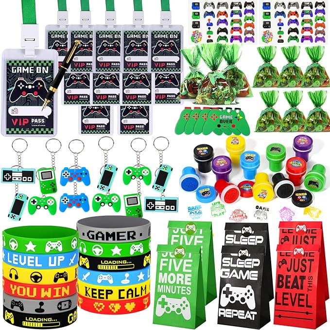 102 Video Game Party Favors Birthday Supplies Silicone Bracelet VIP Pass Holder Stamper Keychain Tattoo Stickers Goodie Bag Fillers Gaming on Toy Gift Kid Boy Gamer Party Favors