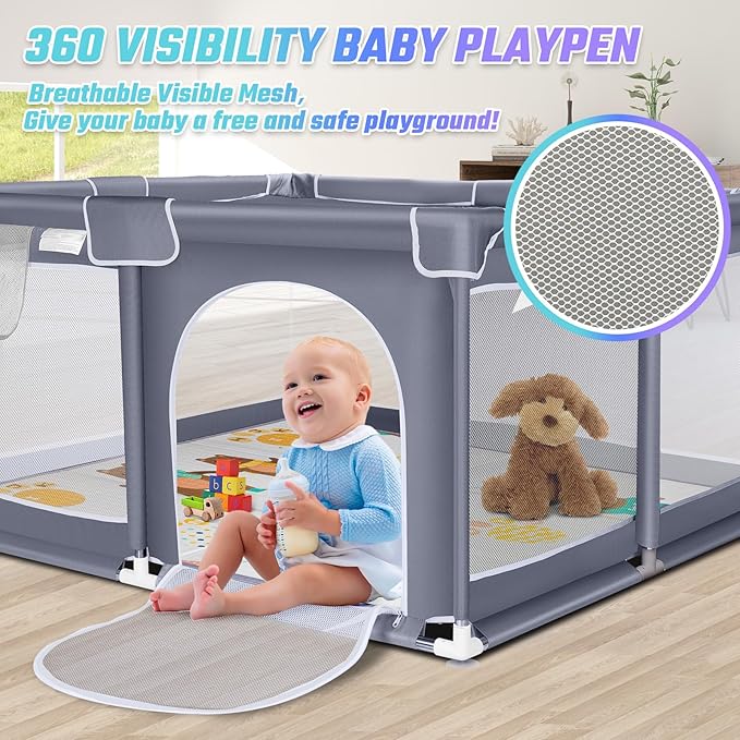Suposeu Baby Playpen with Mat, Portable Baby Play Yard for Toddler, Safety Baby Gate playpen with Soft Breathable Mesh, Indoor and Outdoor, Large Kids Activity Centery (Grey)