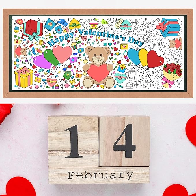Valentines Giant Coloring Poster/Tablecloth-Valentines Day Gifts for Kids Classroom School-30 x 72 Inches Jumbo Coloring Banner Kids Crafts Games Activities Toys Decor Party Decorations