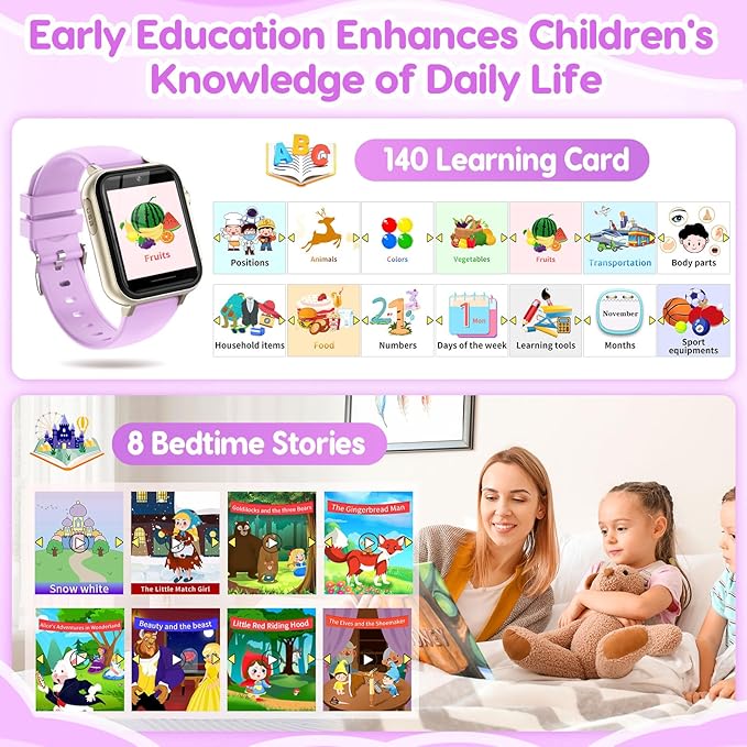 cjc Smart Watch for Kids Gift for Girls Ages 4-12 - Includes Screen Protector, 30+ Games, 140 Learning Cards, HD Touch Screen, Camera, Music, Pedometer - Fun & Educational Birthday Gift Idea (Purple)