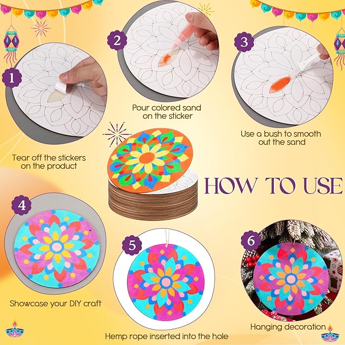 12 Pcs 7 Inch Wooden Mandala Sand Arts Rangoli Mandala Sand Art with 6 Colorful Sand Art Mandala DIY Coloring Kit for Indian Festivals Gifts Diwali Party Decor Supplies