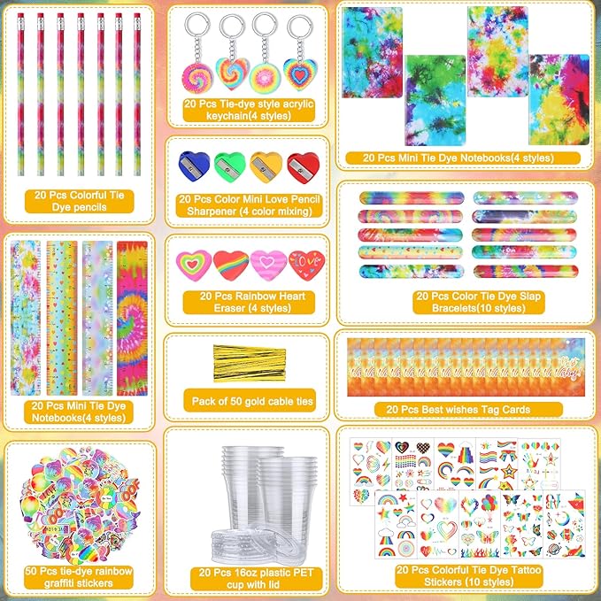 Noveread 251 Pcs Party Favors Set Includes Drink Gift Cup Mini Notebooks Pencils Heart Eraser Pencil Sharpener Slap Bracelets Ruler Tattoo Stickers Cards Keychain School Stationery Set (Tie Dye)