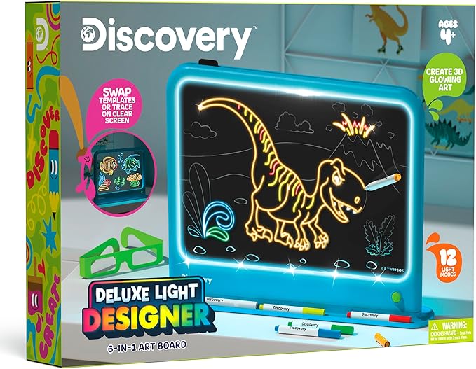 Discovery™ Deluxe Light Designer 6-In-1 Art Board – Includes 3D Glasses, 6 Washable Markers, Templates, 12 Light Modes| Kids Drawing Tablet, LED Scribble Doodle Electronic Drawing Pad Activity Toy Set