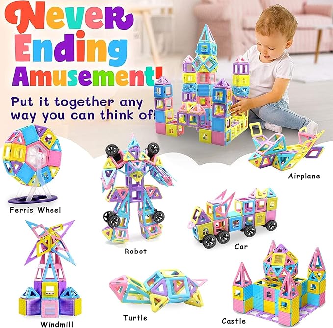 Magnetic Tiles Magnetic Blocks for 3 4 5 6 7+ Year Old Boys Girls Macaron Castle Magnetic Building Blocks for Toddlers 3-5, 4-8, Building Blocks for Kids Ages 3+ Birthday Gifts 124pcs