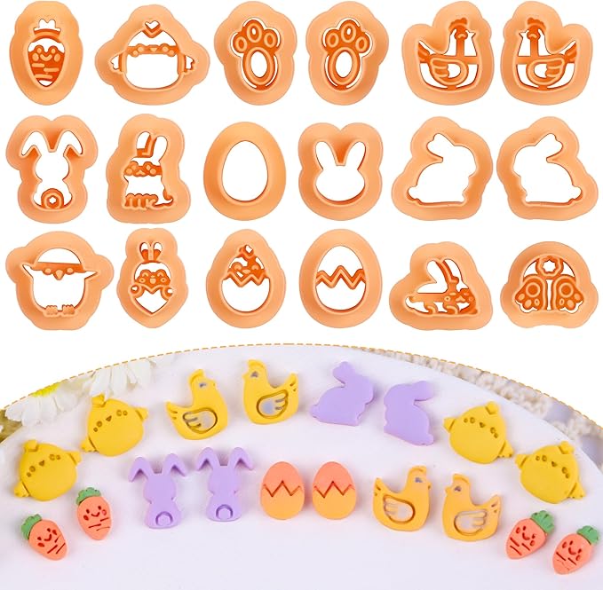 Puocaon Easter Polymer Clay Cutters - 18 Pcs Stud Clay Earring Cutters, Mini Chicken Eggs Baby Rabbit Clay Cutters for Polymer Clay Earrings, 3D Print Mini Clay Cutters for Earrings Making