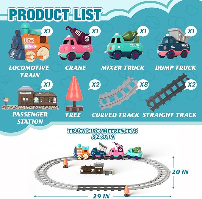 MORECOLL Electric Train Set for Toddlers & Kids w/Music, Lights & Tracks - First Choo Choo Train, Magnetic Connection, Birthday Gifts for Boys and Girls