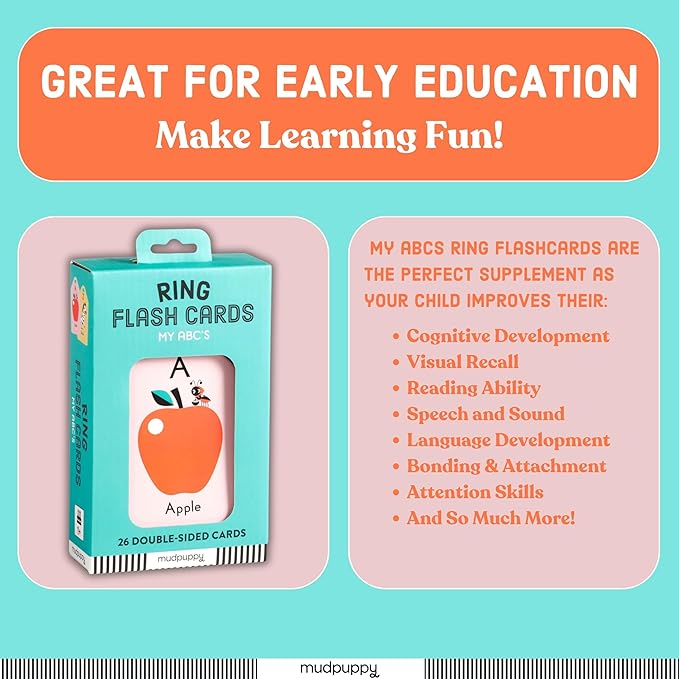 Mudpuppy My ABC's — Ring Flashcards 26 Durable Double Sided Alphabet Cards And Reclosable Ring With Colorful Art For Kids Ages 3+ Perfect For Preschool Or Travel For Teachers And Parents