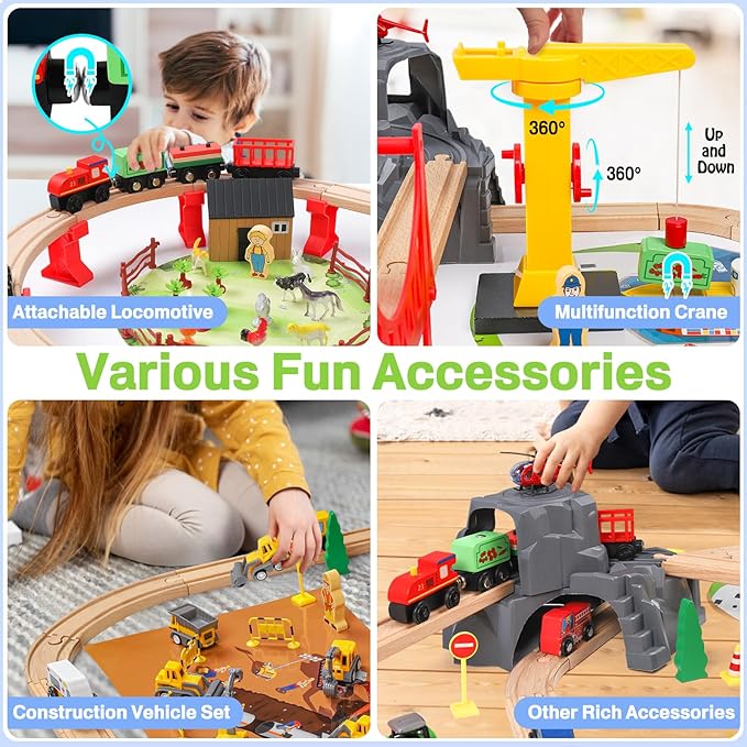118Pcs Wooden Train Set for Kids & Toddlers, Wood Train Track Set Train Railway Accessories Toy Train Sets for Boys and Girls Gifts Ages 3+ 4 5 6 7 8 - Compatible with All Major Brands
