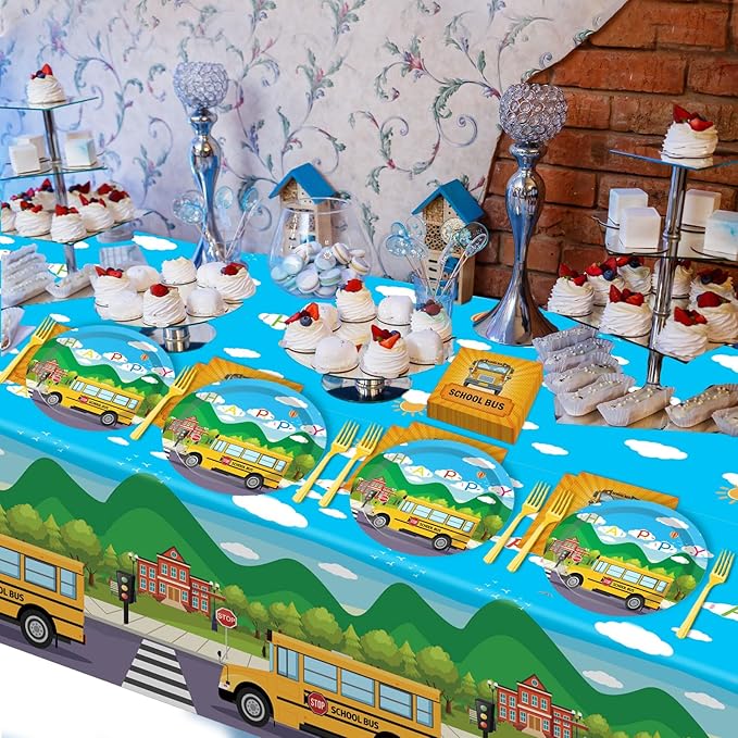 School Bus Birthday Party Supplies Back to School Decorations School Bus Theme Party Tableware Includes Plates Napkins Fork and School Bus Tablecloth for Kindergarten Parties Decorations Set Serve 20