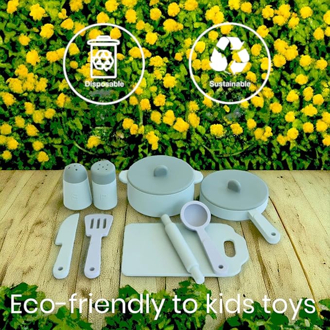 Kids Kitchen Silicone Pretend Toys- 9pcs Play Kitchen Accessories Set with Cookware -Food Grade Silicone -Kids Toy Kitchen Accessories – Pretend Play Kitchen Toy Set for Cooking-Green