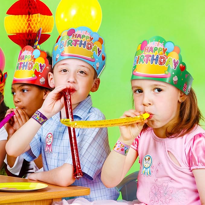 Yunsailing 108 Pcs Happy Birthday Party Supplies for Kids Include 36 Birthday Paper Crowns 36 Birthday Badge Stickers 36 Happy Birthday Slap Bracelets for Classroom School Party Supply(Bright Color)