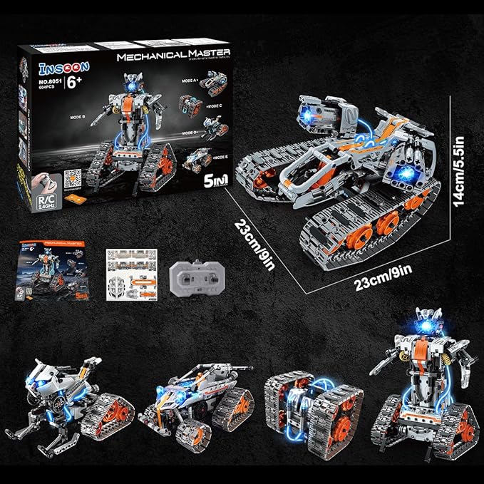5-in-1 Building Toys with LED Light, APP & Remote Controll Building Block Set, 604 PCS RC Tech Rechargeable Tank Robot Sleigh Tracked Racer Toy, Gift for Kids Boys Girls Ages 6 7 8 9 10 11 12+