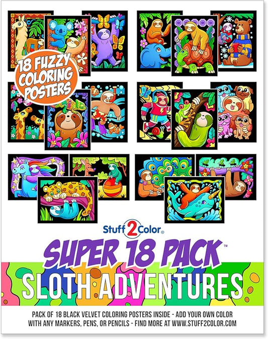 Stuff2Color Super Pack of 18 Fuzzy Velvet Coloring Posters (Sloth Adventures) - Arts & Crafts for Girls and Boys - Great for After School, Travel, Planes, Group Activities, and Coloring with Friends