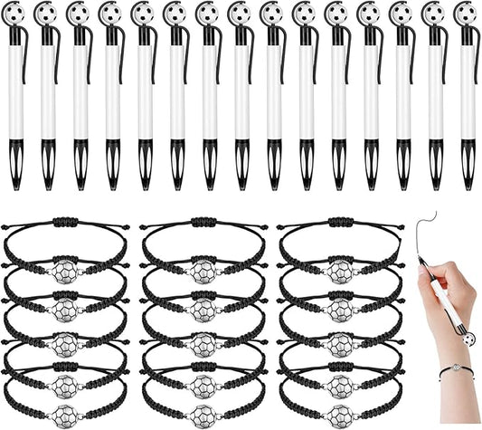 Sabary 30 Pcs Sport Theme Party Favors Set, 15 Pcs Soccer Pens 15 Pcs Soccer Theme Bracelets Ballpoint Pens Adjustable Bracelet Sport Party Gifts for Kids Teens Team Members (Black)