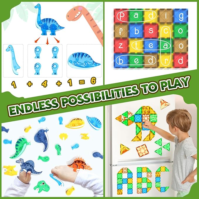 Dinosaur Toys Magnetic Tiles 3D Movable Dinos for Kids 3-5 5-7 Toddler Outdoor Sensory Toys, STEM Educational Magnetic Blocks for 3+ Years Old Boys Girls Kids Toys