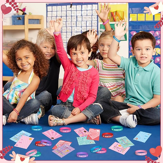 WATINC John 3: 16 Valentine's Day Cards with Bracelets Gift Set, 36 Pack Religious Wristbands Bulk Exchange Gifts, Christian Valentine Classroom Prize Award Sunday School Party Favor Supplies for Kids