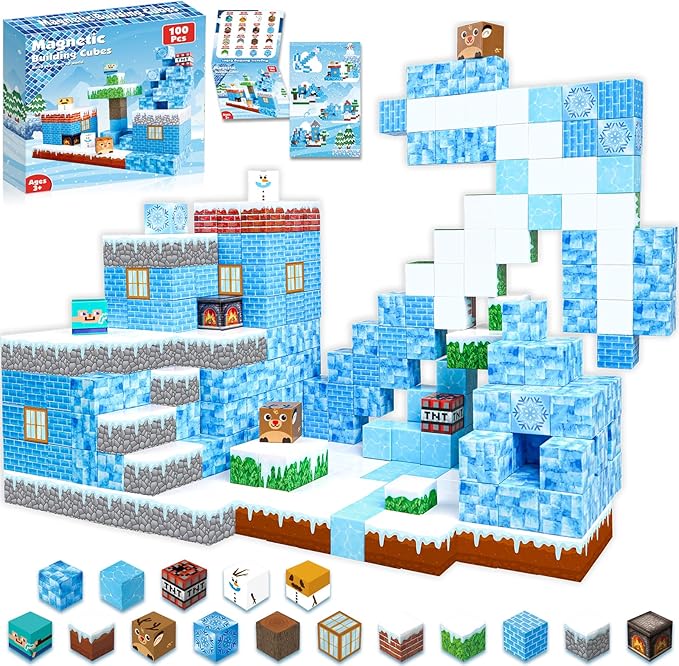 Magnetic Blocks - 100PCS Magnetic Building Blocks Glacier Castle, STEM Montessori Sensory Toys for Toddlers Kids Boys Girls Ages 3 4 5 6 7 8 9 10 Holiday Easter Birthday Gifts