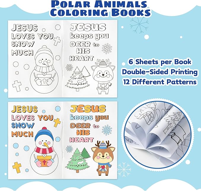 24Pcs Polar Animals Religious Coloring Books - Winter Christian DIY Color-in Pages Booklet Bulk Drawing Activity Party Supplies for Sunday School Classroom Rewards Artwork Gift for Kids