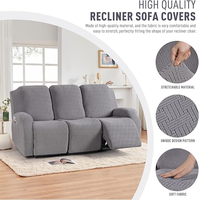 KinCam Recliner Covers, Stretch Reclining Chair Covers, Recliner Sofa Slipcovers Stripe Jacquard Recliner Couch Covers Furniture Protector Covers for Pet Kid (3 Seater, Light Gray)