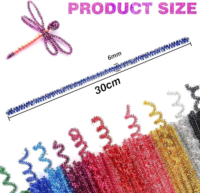 TOAOB 100pcs Glitter Pipe Cleaners 10 Colors Metallic Pipe Cleaners Craft Supplies 6mm x 12 Inch Chenille Stems Pipe Cleaners for Art DIY Crafts Decorations