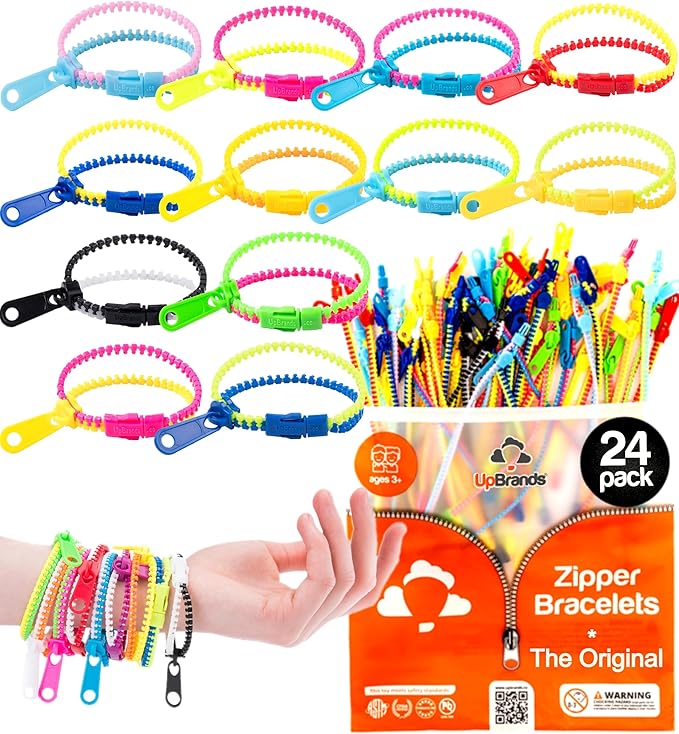 UpBrands 24 Fidget Toys Zipper Bracelets 7.5 Inches, Easter Basket Stuffers, Sensory Toys Bulk Set, Neon Colors, Kit for Birthday, Party Favors for Kids, Easter Egg Fillers