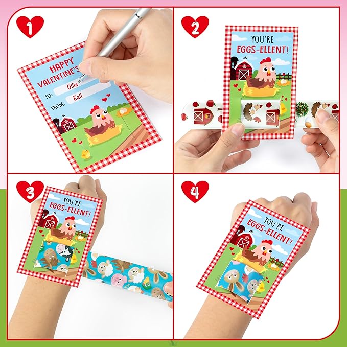 Haooryx Valentine's Exchange Gifts Bulk - 28 Pack Valentine's Day Farm Animal Slap Bracelets Inspired Greeting Cards Student Prize Activity Farmland Classroom School Kids' Multi-Item Party Favor Packs