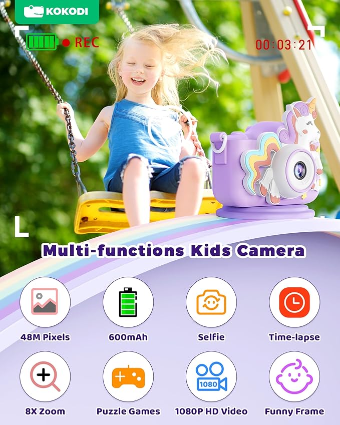 KOKODI Kids Camera Toy Digital Camera for Kids, Birthday Gifts for Girls Age 3-12, 1080P HD Video Camera for Toddler, Unicorn Children Toys for 3 4 5 6 7 8 9 Year Old Girls with 32GB SD Card (Purple)