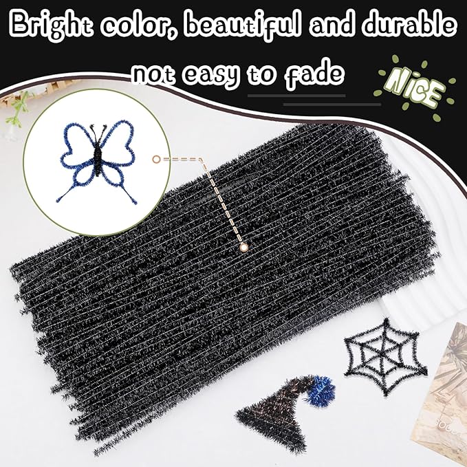 Hssugi Pipe Cleaners Black, 100PCS Christmas Pipe Cleaners Craft Supplies, Glitter Black Pipe Cleaners for Hair Fuzzy Sticks for DIY Art and Craft Projects Home Decoration