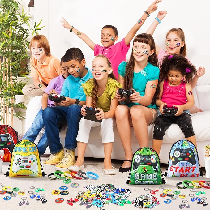 Sadnyy 140 Pcs Video Game Party Favors Birthday Party Decorations Supplies Drawstring Bags with Silicone Bracelets Keychains Straws Button Pins Stickers for Classroom Rewards Goodie Bags Stuffers
