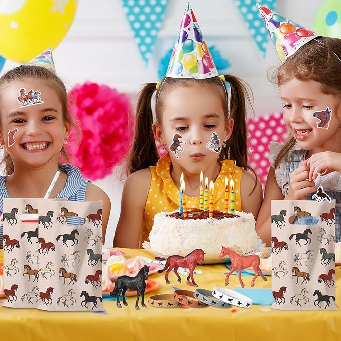106 Pc Horse Party Favors Set - Supplies Include 20 Bags, 12 Silicone Bracelets, 12 Keychains, 12 Mini Toys & 50 Stickers for Horse Party