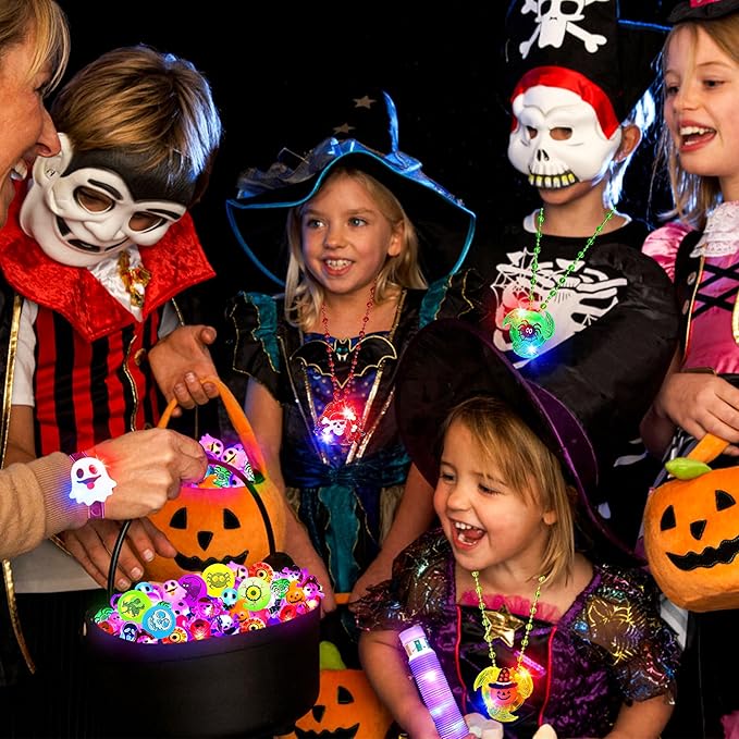 66Pcs Halloween Party Favors for Kids, Light Up Rings Spin Necklaces Halloween Goodie Bag Fillers Treats Prizes Glow in The Dark Halloween Toys Bulk Carnival Classroom Favors Trick or Treat Toys
