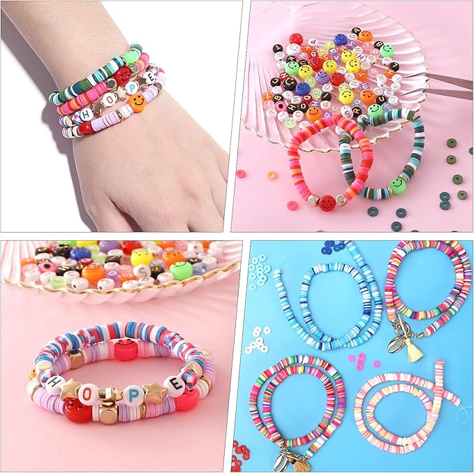 KAMJUNTAR 6000PCS Clay Beads for Bracelets Making Kit,24 Colors Flat Heishi Polymer Clay Beads for Jewelry Making with Letter Beads Smiley Face Beads Gift for Kids Girls DIY Necklace Bracelet
