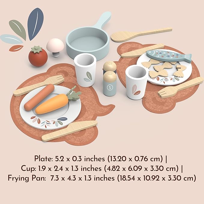 Speedy Monkey Wooden Dining Set for Two – 19-Piece Pretend Play Meal Kit with Pasta, Fish, Sausage, Vegetables, and More – for Kids 2yrs Up | Encourages Imagination, Role Play & Fine Motor Skills