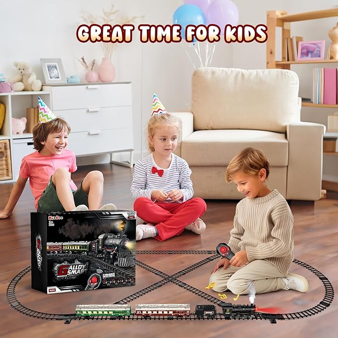 Hot Bee Train Set, Remote Control Train Toys with Luxury Track & Glowing Passenger Carriages, Metal Christmas Tree Train with Smoke, Light and Sound, Toy Train Set for 3 4 5 6 7+ Years Old Boys Gifts