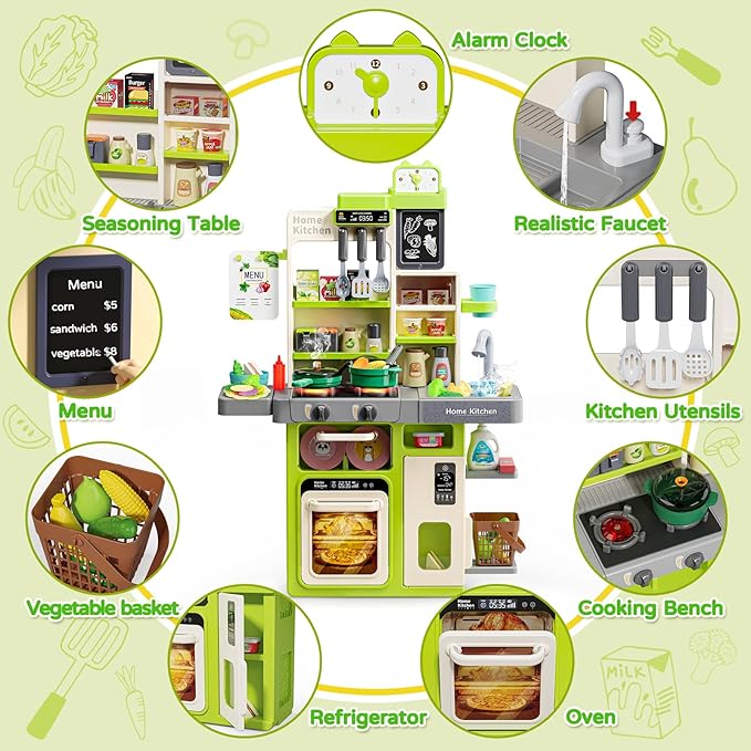 Letapapa Kids Pretend Play Kitchen Set, Kitchen Toys with Realistic Sound & Light, Cooking Stove, Sink, Play Food and Kitchen Accessories, Pretend Kitchen Playset Gifts for Toddlers Girls Boys