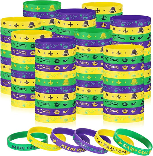 Yinkin 96 Pcs Mardi Gras Party Favors Rubber Bracelets Silicone Mardi Gras Bracelet Mardi Gras Accessories Bulk Stretchable Silicone Wristbands for Carnival Birthday Party Supply Decor Baby Shower