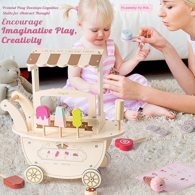 ROBOTIME Wooden Ice Cream Cart Play Set for Kids Toddlers, Pretend Play Kitchen Food Toy Gift for Ages 3+