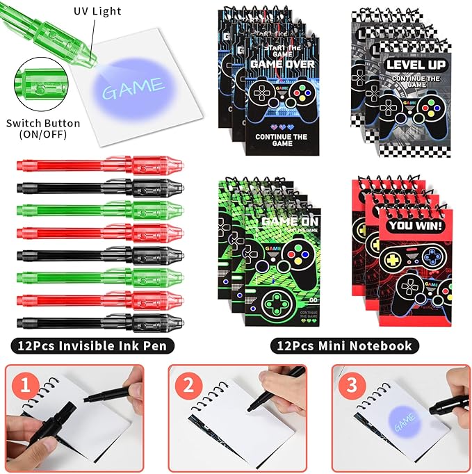 Winrayk Video Game Party Favors Gamer Birthday Supplies Kids, Invisible Ink Pen Notebook Gift Bag Stamper Bracelet Keychain Sticker Pinata Goody Stuffer Teen Girl Boy Game On Gaming Party Favors Decor