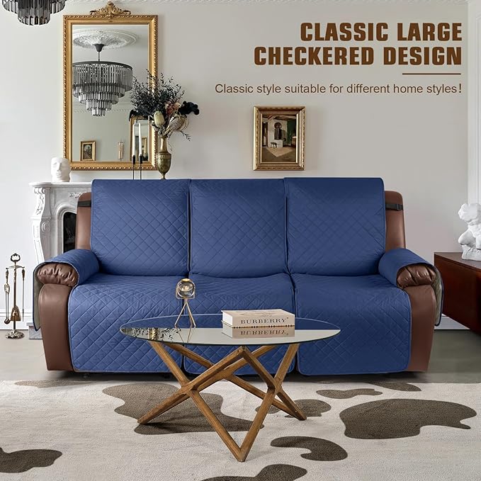 KinCam Waterproof Recliner Sofa Cover, Non-Slip Reclining Couch Covers for 3 Seat, Recliner Couch Cover Furniture Protector with Elastic Straps for Pets, Kids, Blue