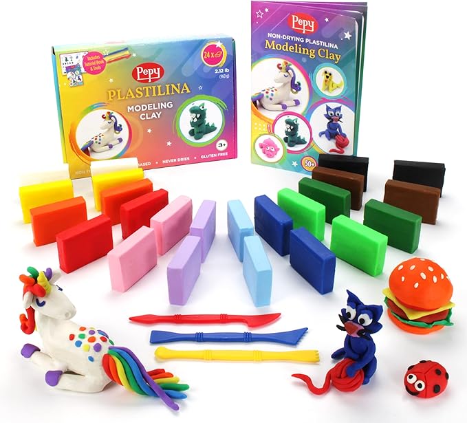 Pepy Plastilina Reusable and Non-Drying Modeling Clay Gift; Set of 24 Bars with Modeling Tools & Tutorial, 2 Each of 12 Colors, 1.4 oz Bars, Perfect for Arts and Crafts Projects