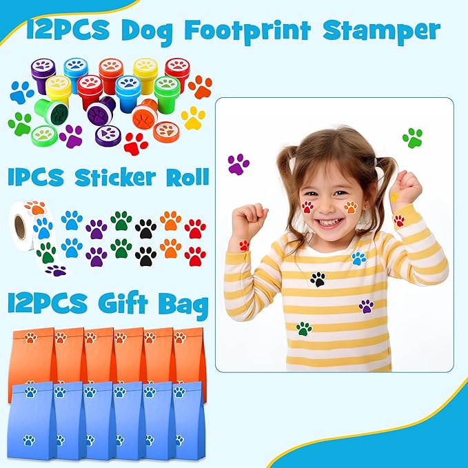 Dog Paw Print Party Favors Set 73PCS Dog Paw Print Party Supplies include Paw Print Drinking Straw, Footprint Stamper, Air Dry Clay ,Slap Bracelet , Footprint Sticker Roll, Gift Bag for Kids