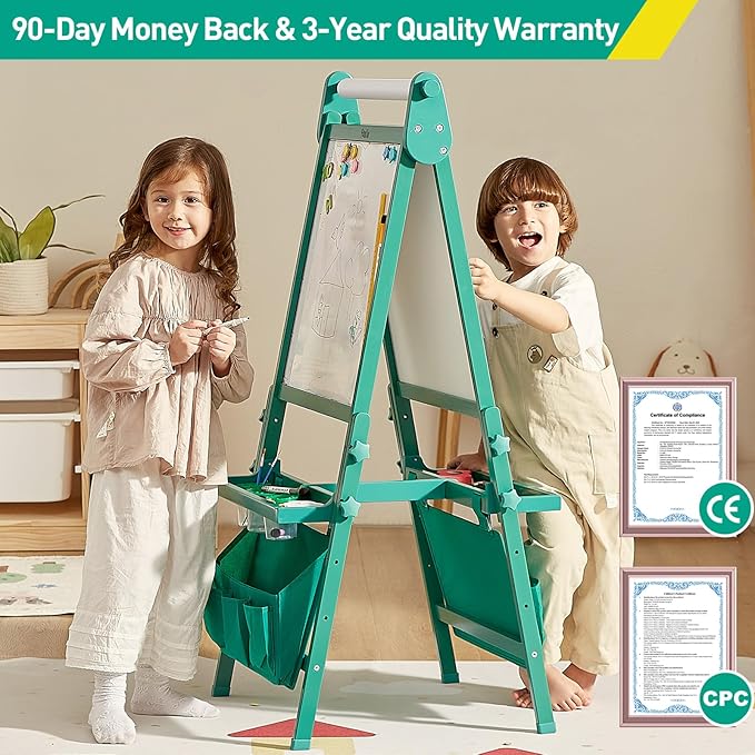 FUNLIO Foldable Anti-Warping Kids Art Easel, 3 Height Adjustable Toddler Easel, All-in-One for Kids Aged 3-8 with Paper Roll, Standing Easel with Magnetic Chalkboard/Whiteboard - Viridian Foldable