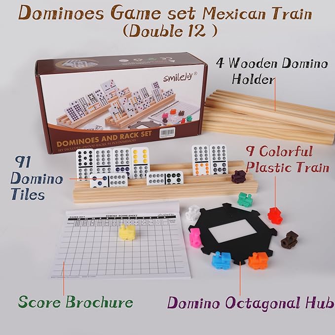 Smilejoy Mexican Train Dominoes Set with Colorful Dot- Double 12 Dominos Set for Adults-Classical Board Game for Elderly, 4 Wooden Rack,91 Tiles, 9 Plastic Trains, Octagon Hub (2-8 Player)