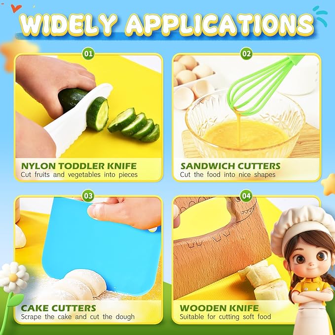 Montessori Kitchen Toys for Toddlers-Kids Cooking Sets Real-Toddler Toys Set for Real Cooking with Plastic Children Safe Knives Crinkle Cutter Kids Cutting Board-17PCS