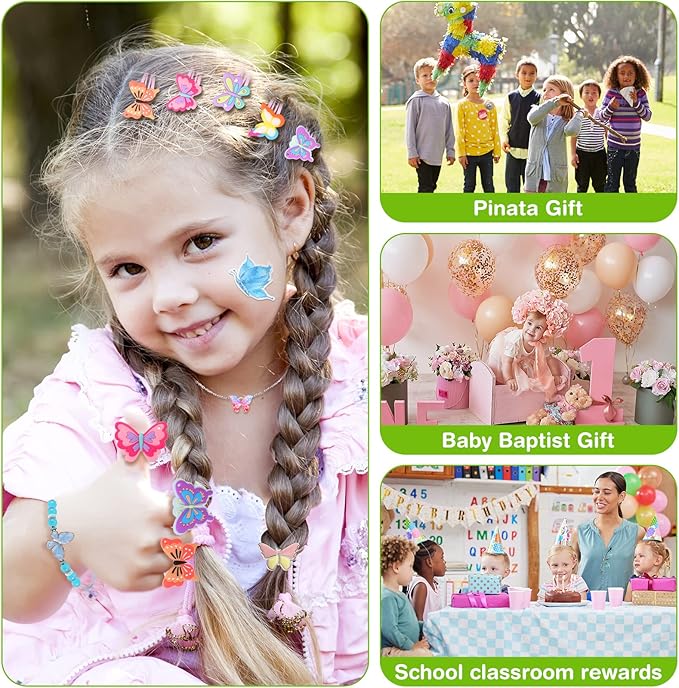 Ecally 211 Pcs Butterfly Party Favors for Girls with Butterfly Keychain Hairpins Stickers Bracelet Ring Necklace Tattoo Reusable Straws Plastic Cups with Dome Lids Tag for Kids Fairy Birthday Gift