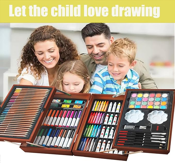 KINSPORY Art Supplies, 139 Pack Painting Drawing Art Kit with 2 Sketch Pads, Deluxe Double Layers Art Set Crafts, Colored Pencils, Oil Pastels, Watercolor Paints, Gift for Artists Kids (Brown)