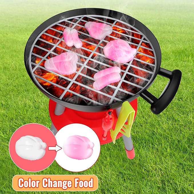 deAO Kids BBQ Grill Playset,36 Pcs Kitchen Toy with Realistic Smoke,Light,6Pcs Change Color Pretend Foods,Cutting Foods Toys,Interactive BBQ Toy Set for Kids