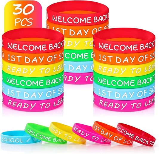 Welcome Back to School Rubber Bracelets 30 PCS First Day of School Bracelet Gifts Silicone Wristbands for Students Kids Party Favors Supplies Decorations Classroom Prizes Rewards Goodie Bags Stuffers